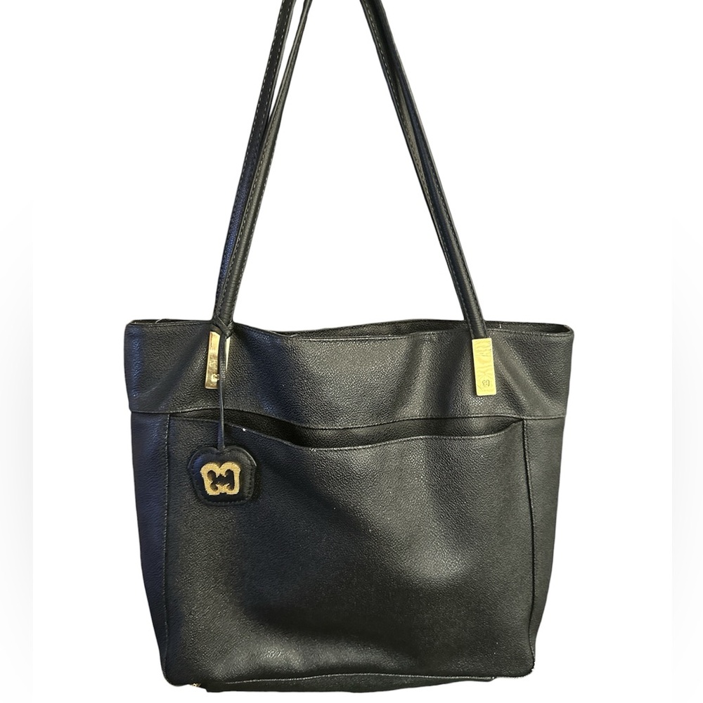 ERIC JAVITS Black Leather Tote Bag with Gold Accents